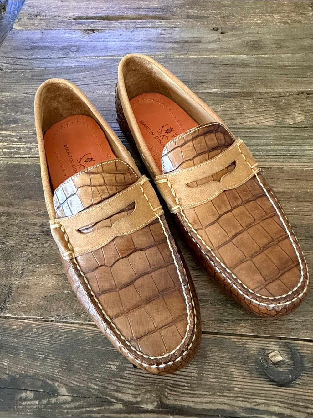 Martin Dingman Brown Croc-Embossed Leather Penny Loafers